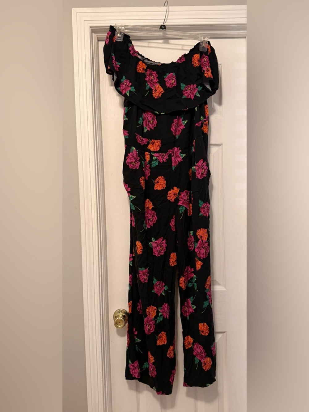 Torrid Off-Shoulder Floral Jumpsuit in Black with Pink & Orange Roses